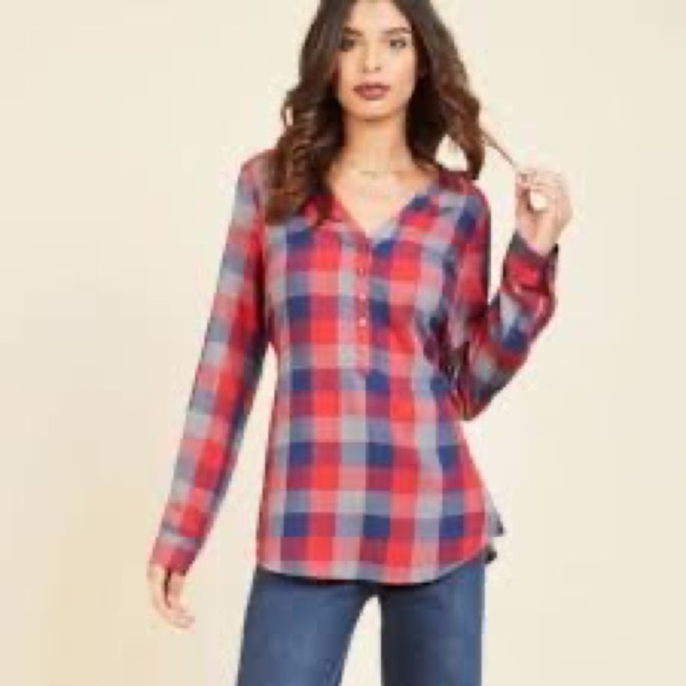 ModCloth At Henley Rate Red Blue Gray Buffalo Plaid Shirt Top Blouse XS